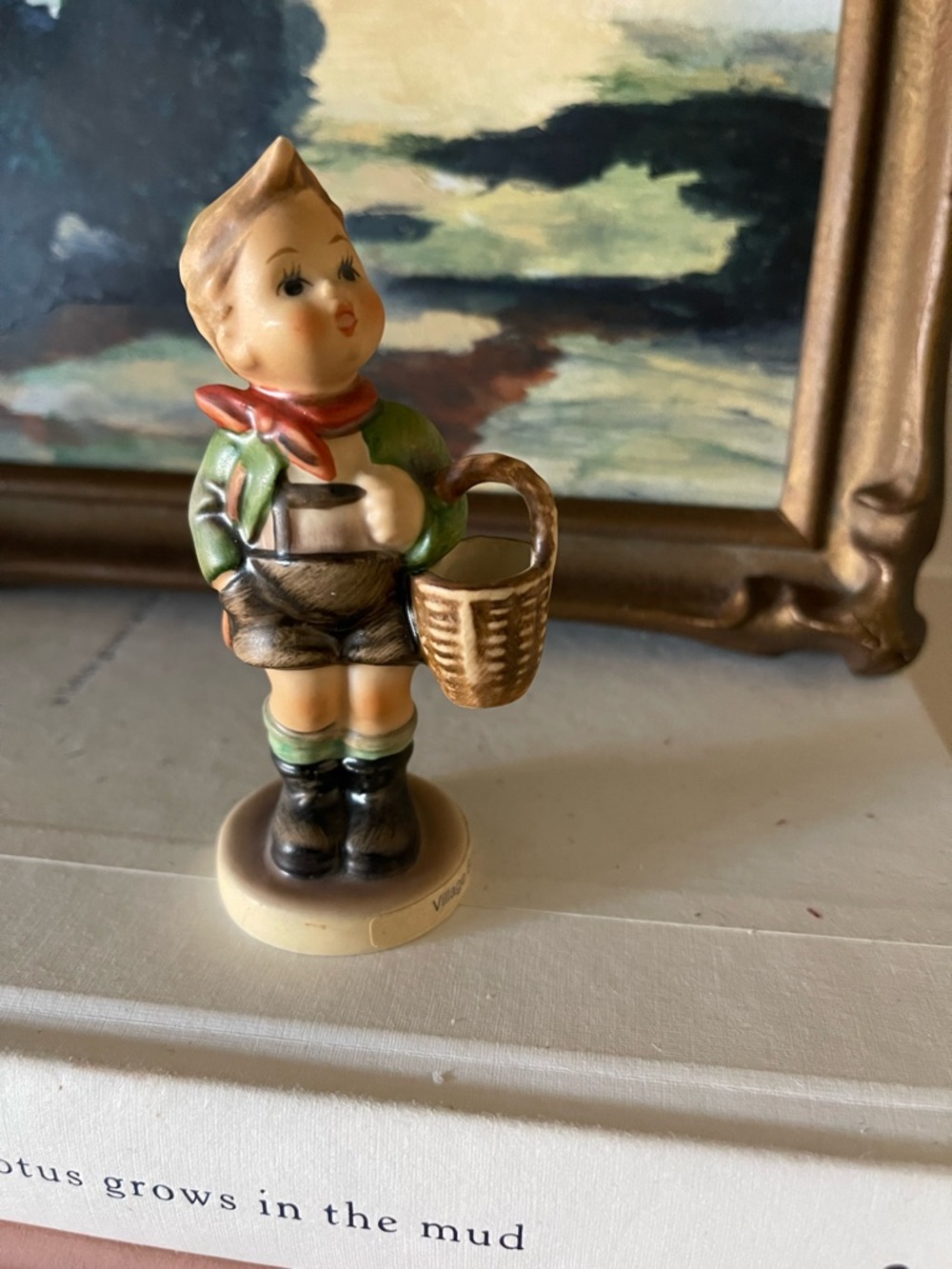 Goebel Porcelain Boy Figurine in Green, Red, Brown, Cream